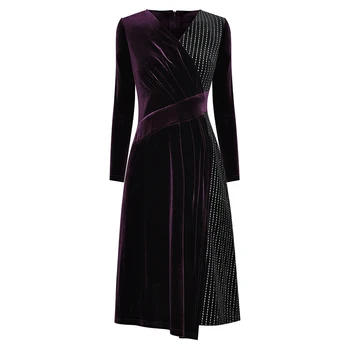 

HIGH QUALITY 2020 Newest Runway Winter Dress Women's Long Sleeve V-Neck Asymmetrical Velvet Dress