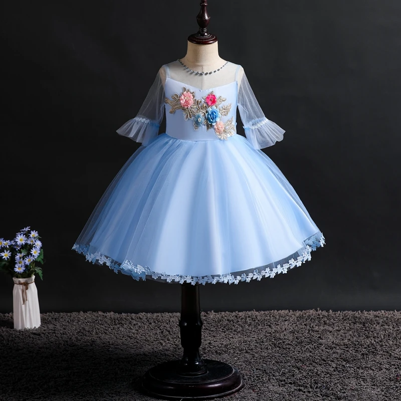 It's Yiya/Платья с цветочным узором для девочек детские праздничные платья для причастия 5 цветов, круглый вырез, отделка бисером, бальное платье, 726 - Цвет: blue