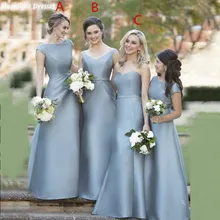 Elegant Plus Size Blue A-Line Bridesmaid Dresses 2021 Satin Floor-Length O-Neck/V-Neck/Strapless Sashes Wedding Guest Gowns