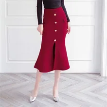 Горячая Распродажа, новая осенне-Весенняя женская юбка-годе с высокой талией, эластичная пуговица для юбки, однотонный красный корейский бумажник Юбки До Колена