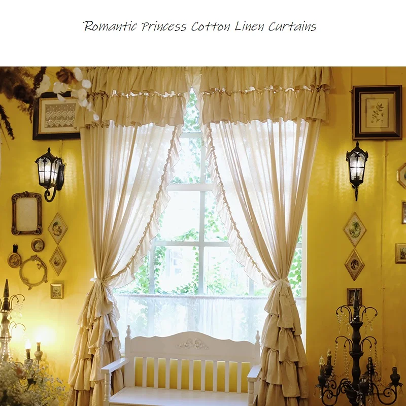 French Lolita Ruffles Blackout Curtains for Bedroom, Natural Cotton Linen Beige Cortinas,Romantic Layers Kitchen Short Curtains 2