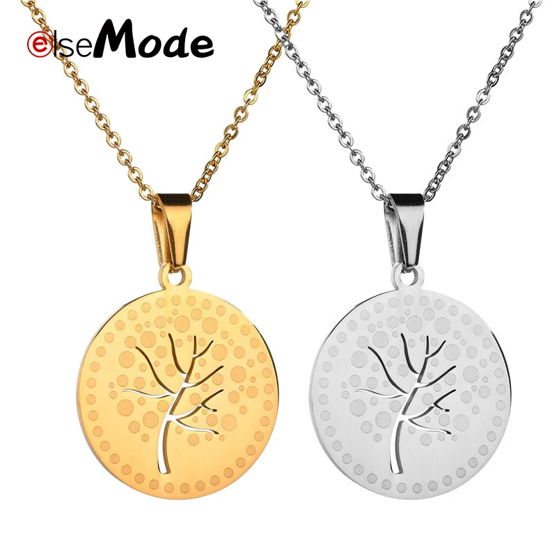 

ELSEMODE Hollow Tree Of life Circle Necklace Gold Color 316L Stainless Steel Round Pendant Necklaces For Women bijoux Gifts