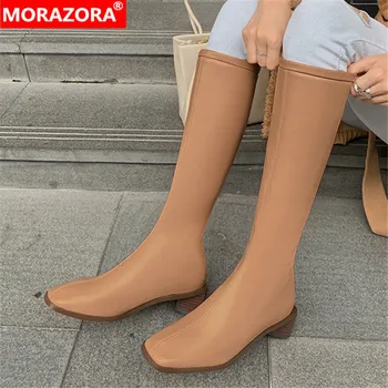 

MORAZORA Knee high boots 2020 fashion ladies shoes med heels square toe solid color women boots large size 33-43 black apricot