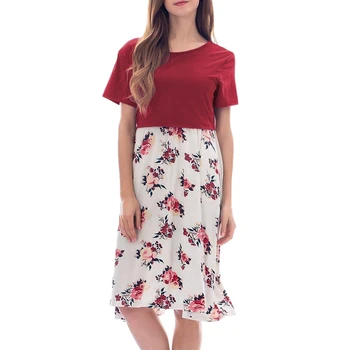 

Maternity Women Short Sleeve Skirt Floral Print Nursing Dresses Breastfeeding Maternal Pregnancy Dress White L