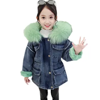 

Korean Retro Style Kids Denim Windbreaker Jacket With Fur Hoodies For Toddler Girls Fashion Jeans Hooded Trench Coat Clothing