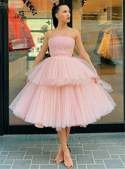 

Rose Pink Cocktail Dress 2020 Tiered Two Layers Knee Length Strapless Boat Neck Sleeveless Homecoming Dress платья знаменитостей