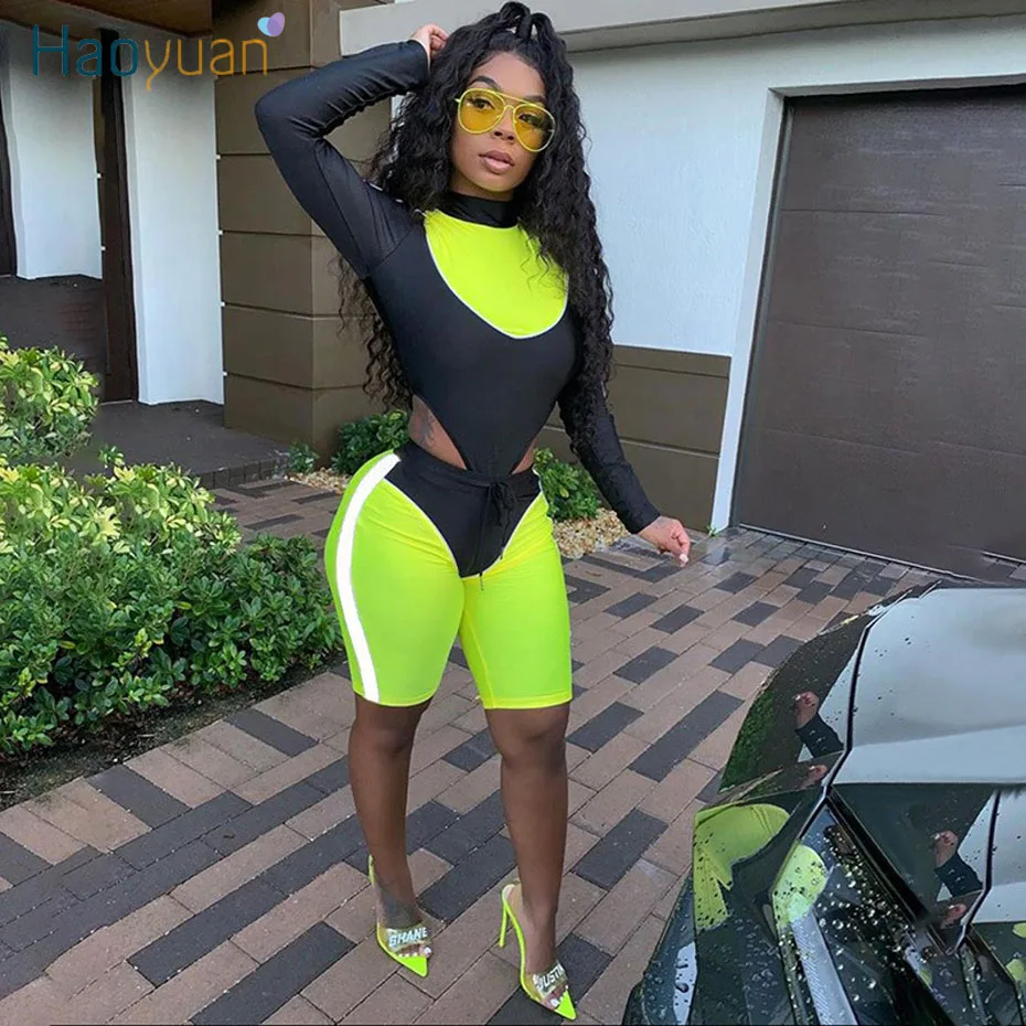 

HAOYUAN Sexy Reflective Stripe Two Piece Set Tracksuit Women Rave Clothes Backless Bodysuit Top Shorts Club Outfits Sweat Suits