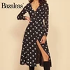 Bazaleas Fashion V Neck vestido Elegant Dot Print Black women dress Vintage Long Sleeve dress Center Button Summer Dress ► Photo 2/6