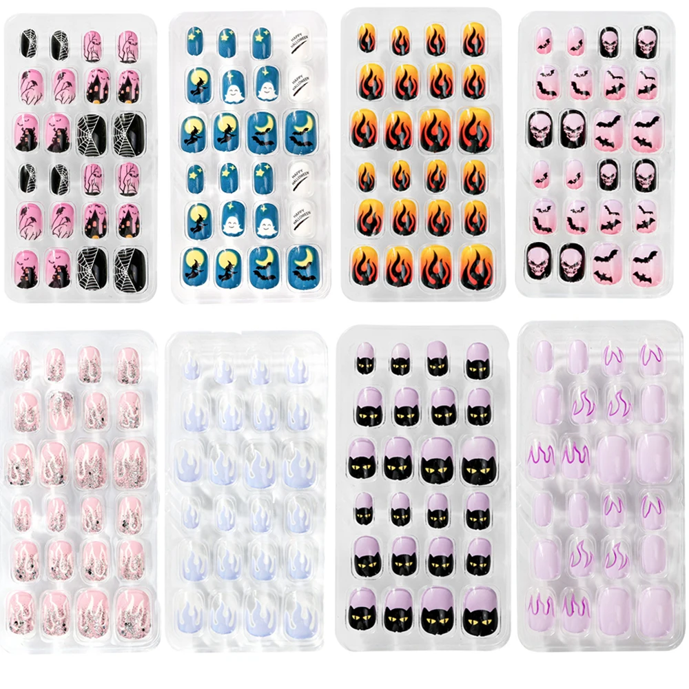 24Pcs/Lot Children Halloween False Nail Tips Fire Full Cover Kid Glue Self Fake Art for Girls DIY Manicure Nails Decor | Красота и