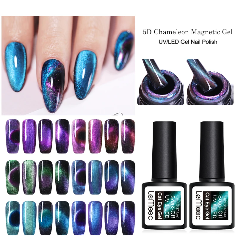 

LEMOOC 5D Chameleon Magnetic Gel Nail Polish sparkly Sky Jade Effect Cat Eye Gel Soak Off UV Laser Gel Varnish Black Base Needed