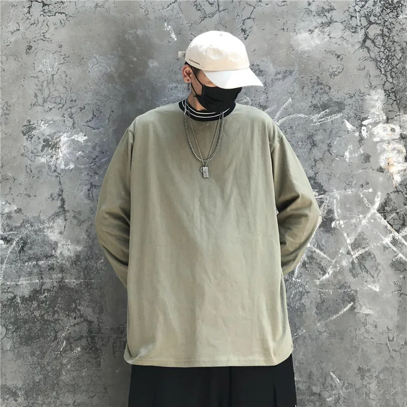 long sleeve t shirt men Solid minimalist All-match camiseta hombre Chambray Round neck streetwear Loose Fitted Oversized Vogue