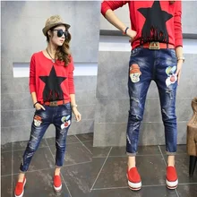 Новинка, весенние женские джинсы в Корейском стиле, женские обтягивающие штаны, женские шаровары с рисунком