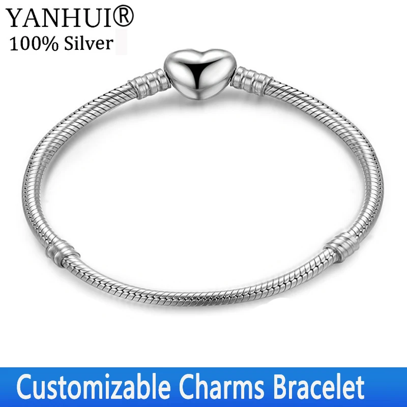 

YANHUI Women Customizable Charms Bracelets Engrave Brand letter Pan Bracelet Original 925 Silver Snake Bone Heart Clasp Bracelet