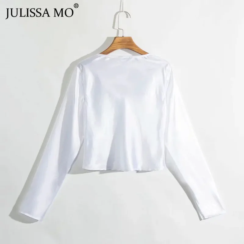 Белый Julissa mo Сатиновые сексуальные короткие футболки с v-образным вырезом женские осенние повседневные футболки с длинным рукавом розовая женская уличная одежда Harajuku топы футболки - Цвет: Белый