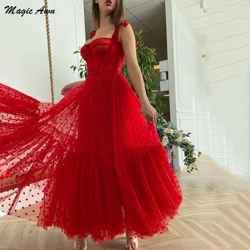Magic Awn 2021 Red Polka Dots Tulle Prom Dresses Spaghetti Straps Tied