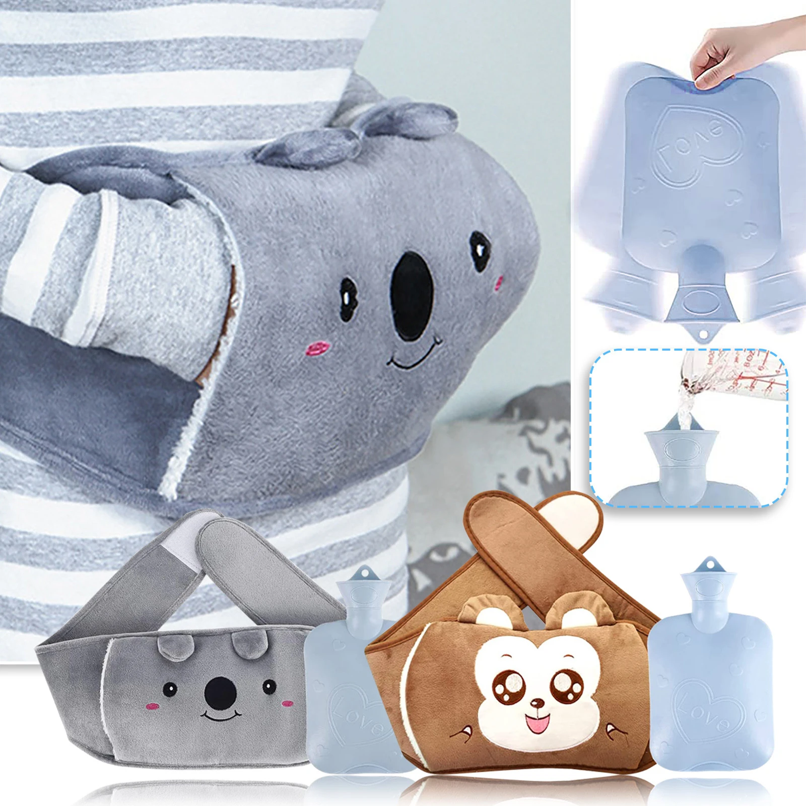 Botella de agua caliente con funda de paquetes, bolsa de agua de goma de 1l, bolsa de agua caliente de invierno con cinturón de felpa suave, calentador de manos|Estufas calentadoras