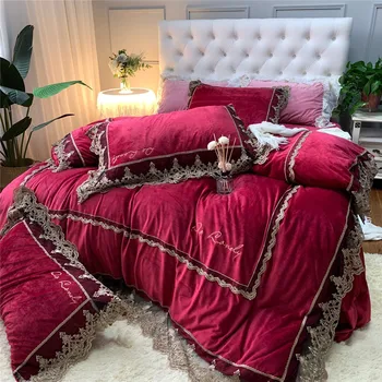 

Luxury European Red Blue Pink Purple Winter Fleece Fabric Lace Bedding set Flannel Velvet Duvet cover Bed Sheet/Linen Pillowcase