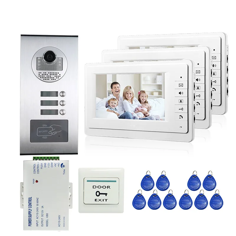 Квартира 7 &quotцвет видео домофон система 3 белый монитор + Водонепроницаемый RFID