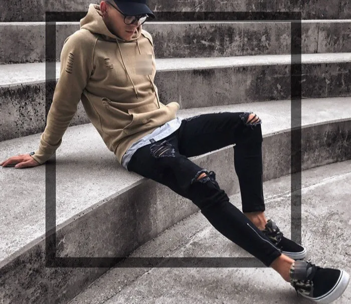 New Ripped Jeans For Men Slim Biker Zipper Denim Skinny Frayed Pants Distressed Rip Trousers Black Jeans Homme Plus Size