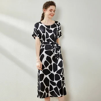 

100% Silk Women's Runway Dresses O Neck Short Sleeves Printed Sash Belt High Street Summer Dresses