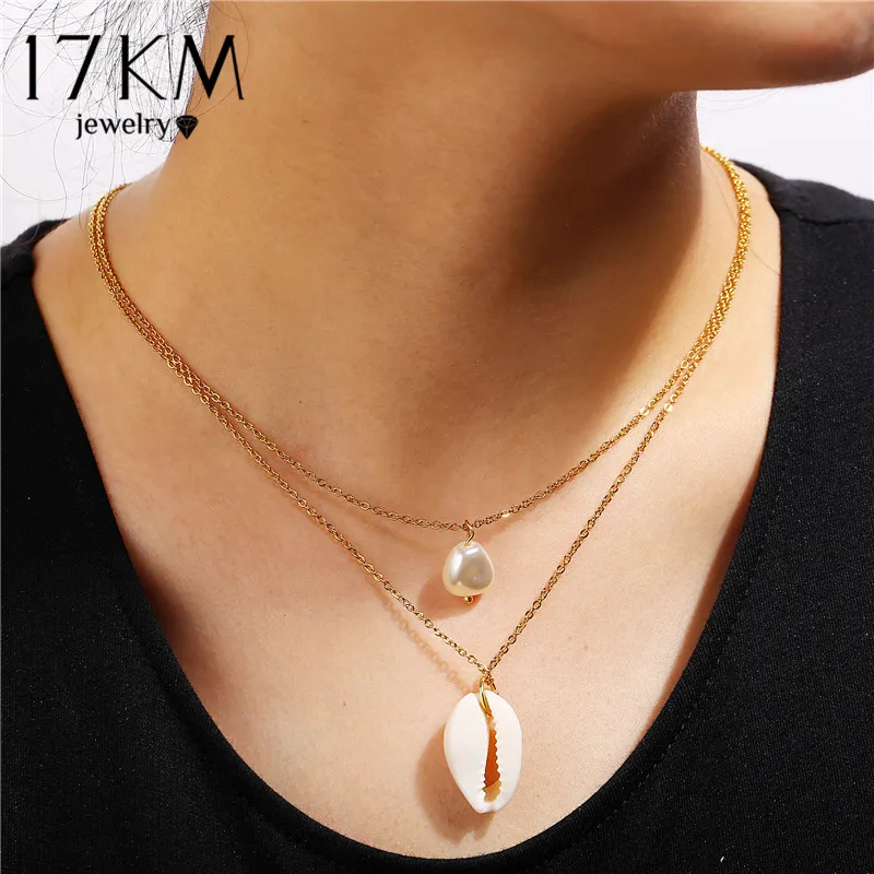 

17KM Bodomian Shell Long Pearl Pendant Necklace For women Stainless Steel Multiple Gold Charm Summer Party Gift Jewelry 2019