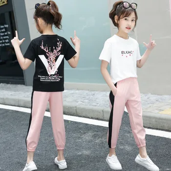 

Explosion model 5-10 year girl baby summer fashion casual sports suit girl two-piece child cute printing fashionable tide suit