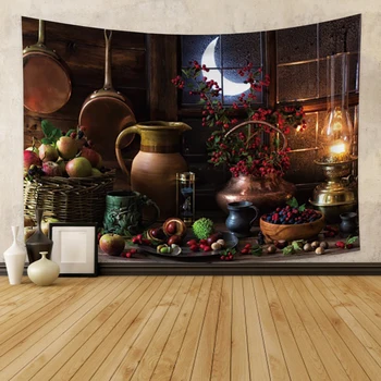 

Laeacco Plentiful Food Tapestry Wall Hanging Blanket Fruit Flower And Jar Wall Carpet Cloth Beach Towel kitchen Home Decoration