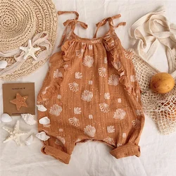 Barboteuse en coton et lin pour bébés filles, imprimé Floral, sans manches, ceinture, combinaisons, pantalons longs, vêtements décontractés 
