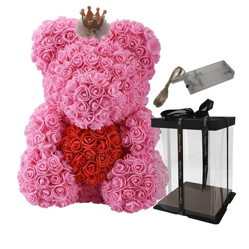 35 см белый медведь розы с красными искусственными цветами домашний свадебный фестиваль DIY Дешевые Свадебные украшения Подарочная коробка венок ремесла - Цвет: Pink Red Box