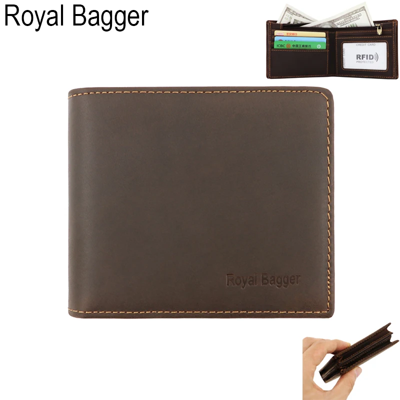 Brown Royal Bagger натуральная коровья кожа кошелек мужской короткий кошелек Crazy Horse кожа модные сумки RFID противоугонные кошельки на молнии - Цвет: Brown
