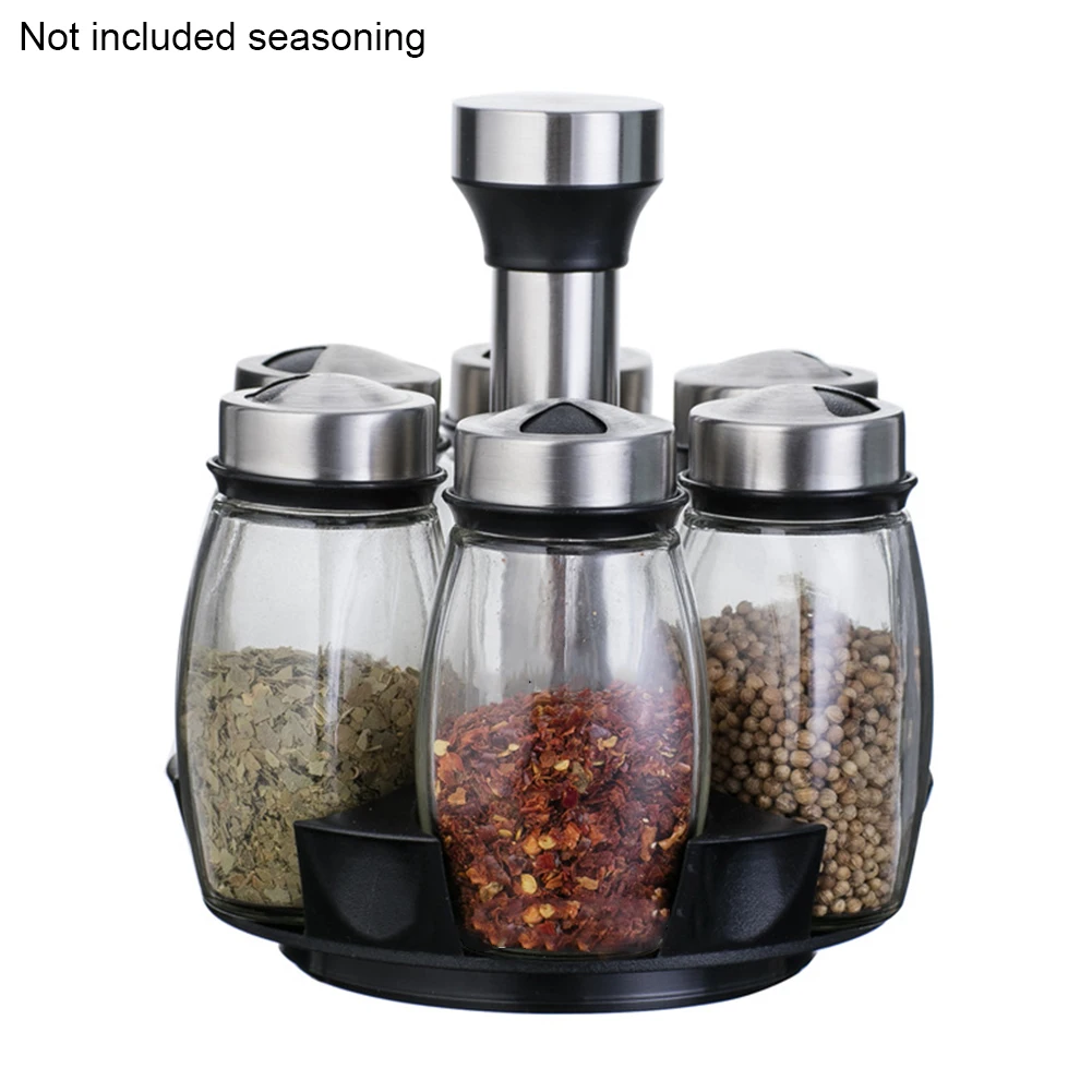 

7 Pcs Non Toxic Kitchen Tools Stainless Steel Condiment Container Holder Seasoning Bottle Set Storage Rotating Rack Spice Pots