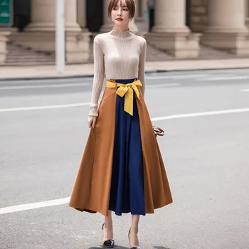 

2020 Fashion Long Skirt Women Autumn High Waist Bow Tie Skirts Laides Streetwear Patchwork Elegant Spring Jupe Femme Plus Size