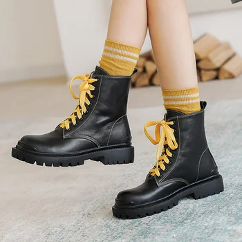 

MORDOAN Genuine Cow Leather Martin boots women's thick-soled short boots British style round toe flat heel ankle boots women