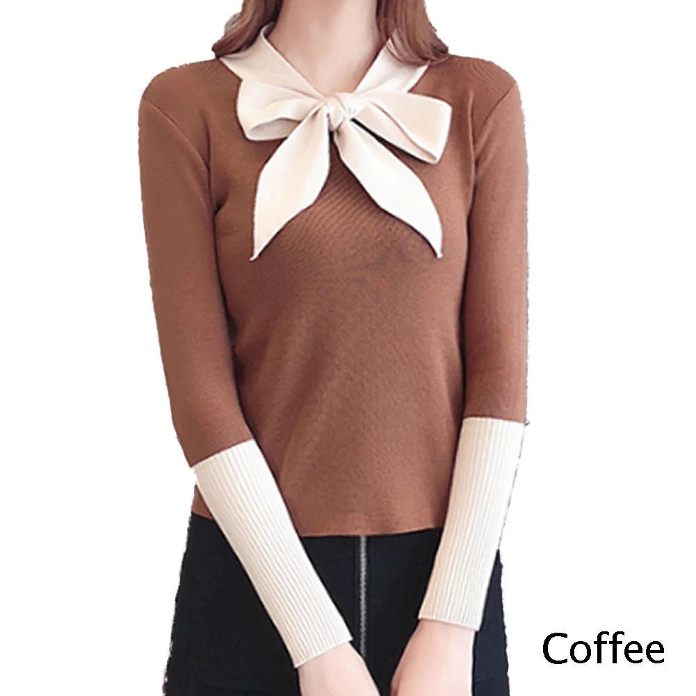 Coffee Женский свитер с галстуком-бабочкой, осень-весна, черные топы, женские вязаные пуловеры, джемпер с длинным рукавом, женская одежда - Цвет: Coffee