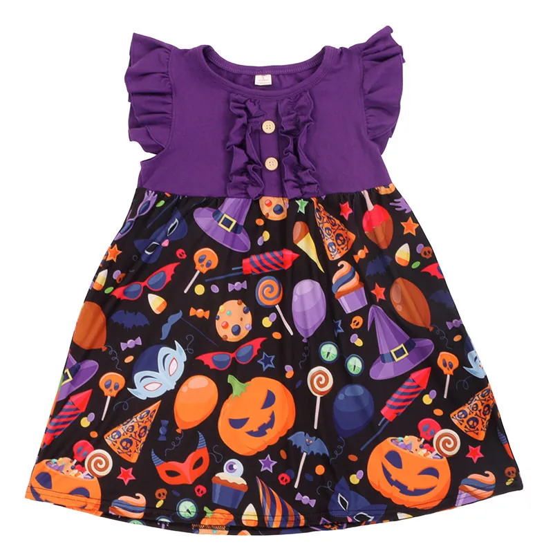Платья для девочек на Хэллоуин; детское хлопковое платье из молочного шелка для девочек; Эксклюзивное Платье с пышными рукавами; фиолетовое платье с тыквой; Детский костюм