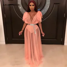 ANJAMANOR женское платье макси из органзы и сетки с оборками, осенняя мода, вечерние платья для ночного клуба, элегантное сексуальное вечернее платье размера плюс D48-AZ47