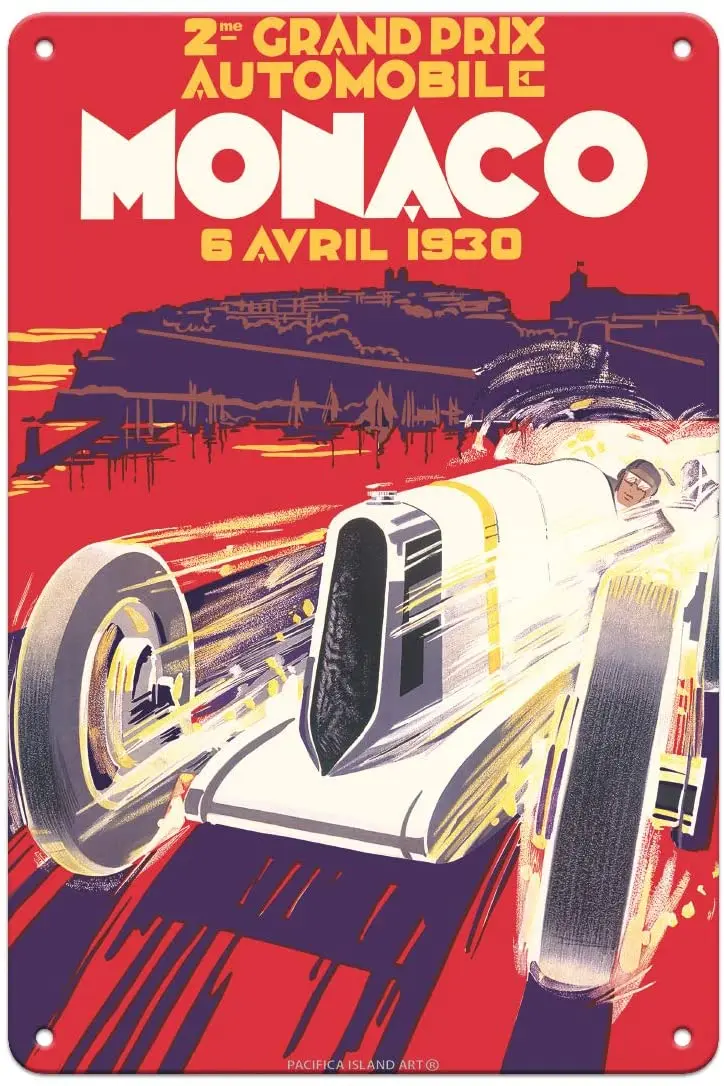 Island Art 2Nd Monaco Grand Prix 1930-Poster Vintage Da Corsa Per Auto-8In X 12In Targa Vintage In Metallo