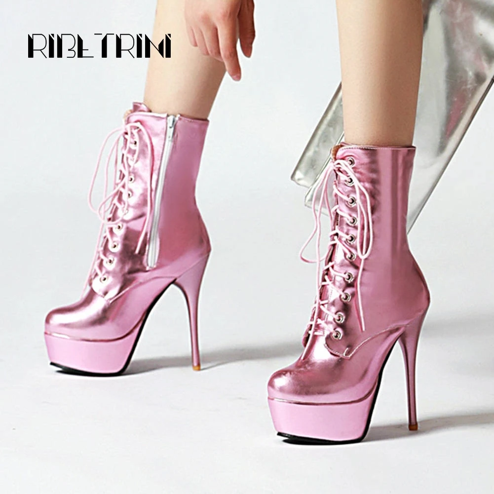 

RIBETRINI Sexy Western Platform Boots Women Thick Sole Lace Up Thin High Heeled Round Med Calf Boots Ladies Party Shoes Woman