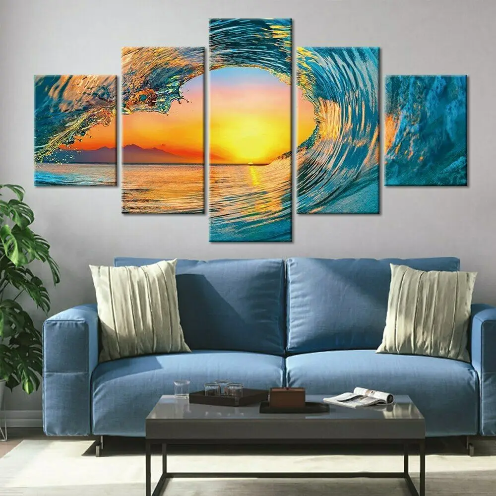 

5 Piece Amazing Sunset Sea Waves Poster Beach Canvas Picture Print Wall Art Canvas Painting Wall Decor for Living Room Framed