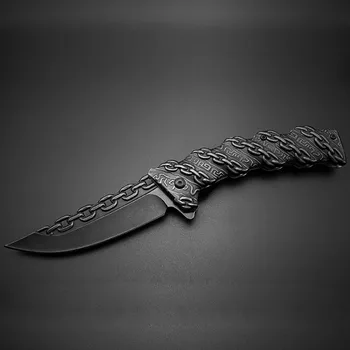 

High Hardness Top Carving Special Combat Knife Self-defense Folding Knife Sharp Stone Wash Chain Folding Knife 3D StainlessSteel