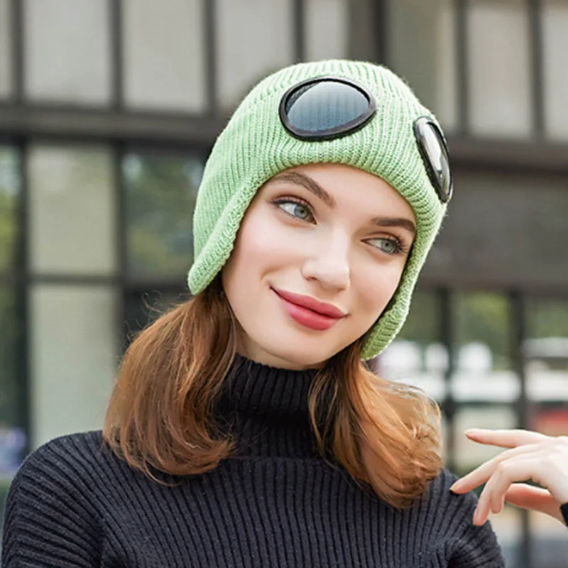 RUHAO двойная утолщенная зимняя вязаная шапка теплая шапочки Skullies Лыжная шерстяная шапка и очки для мужчин и женщин - Цвет: 3