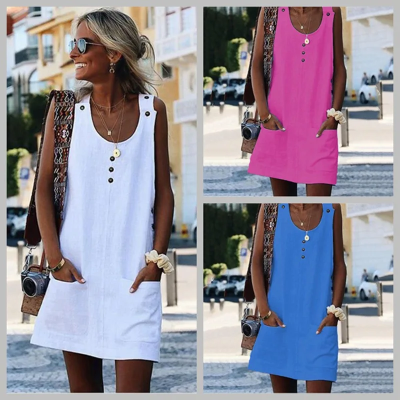 

Hot Selling WOMEN'S Dress Summer Versitile Fashion Vest Skirt Button Pocket Dress De0366