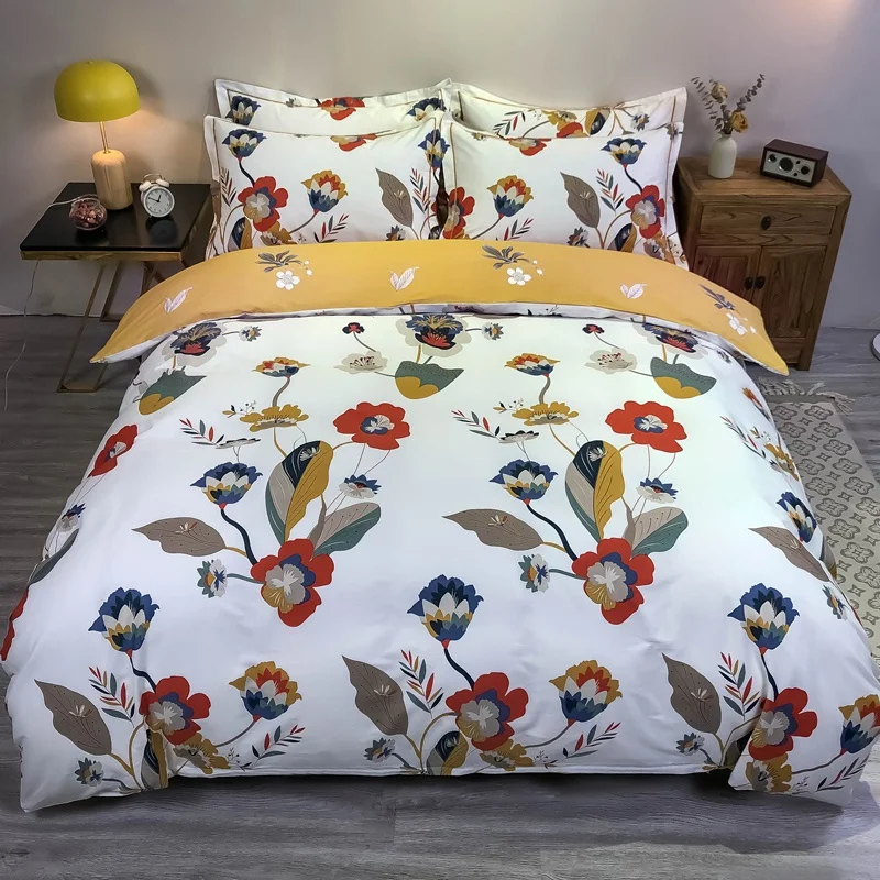 Flower Print Duvet Quilt Cover Complete 4Pcs Bedding Set Pillowcase Fitted Sheet 