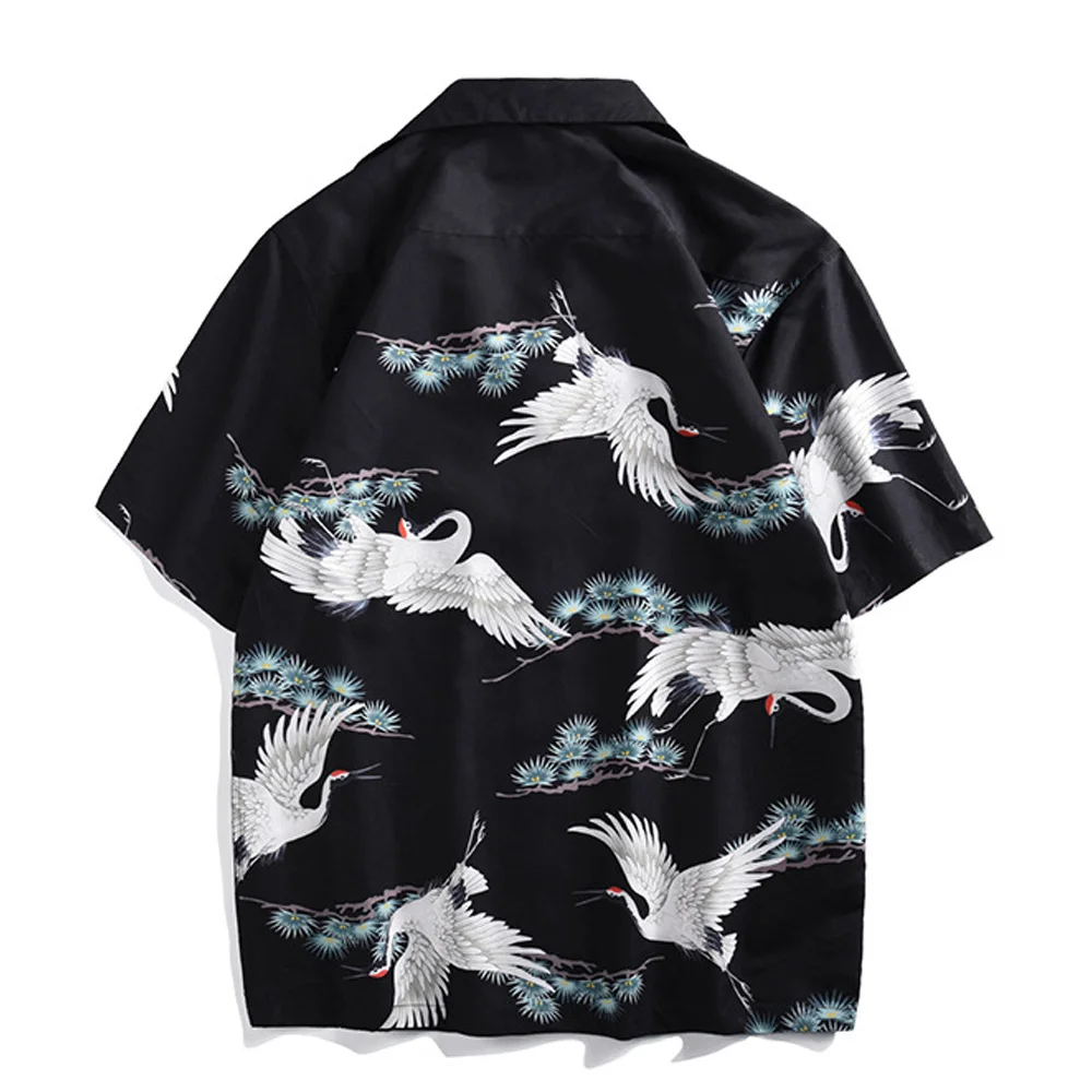Blusas Топ рубашка с рисунком журавля короткий рукав отложной воротник Гавайский стиль блузки Men'sn винтажные рубашки летняя рубашка хип-хоп