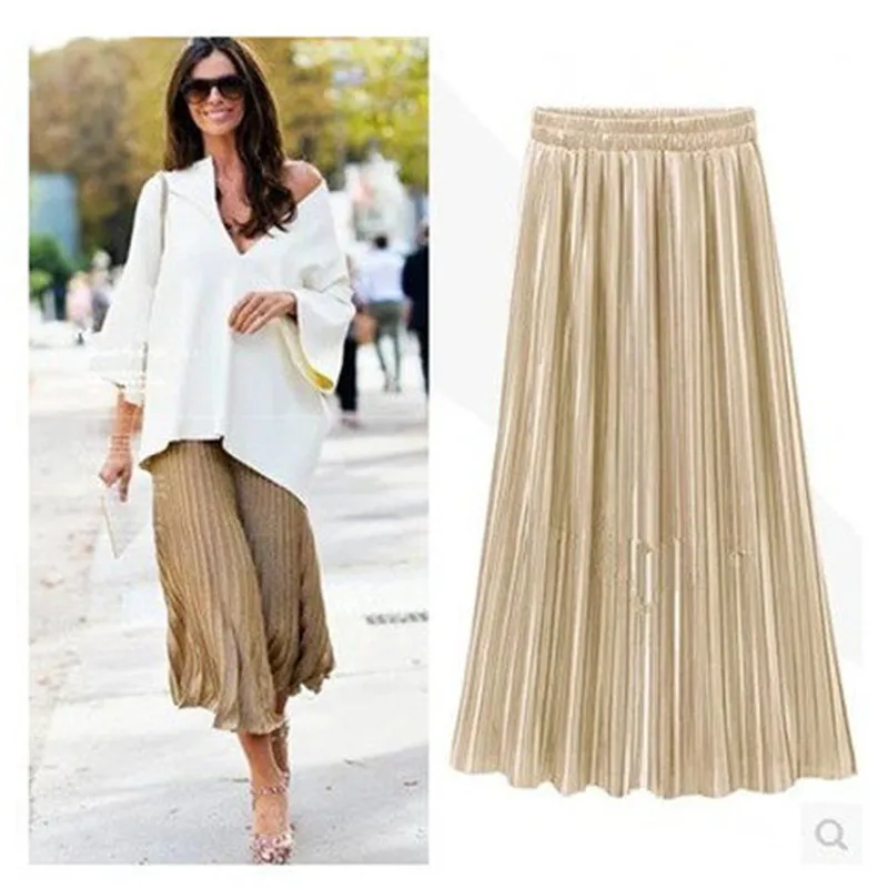 Блестящая блестящая яркая металлическая Женская плиссированная юбка на весну и осень, модная эластичная Повседневная Уличная юбка с высокой талией, вечерние юбки макси