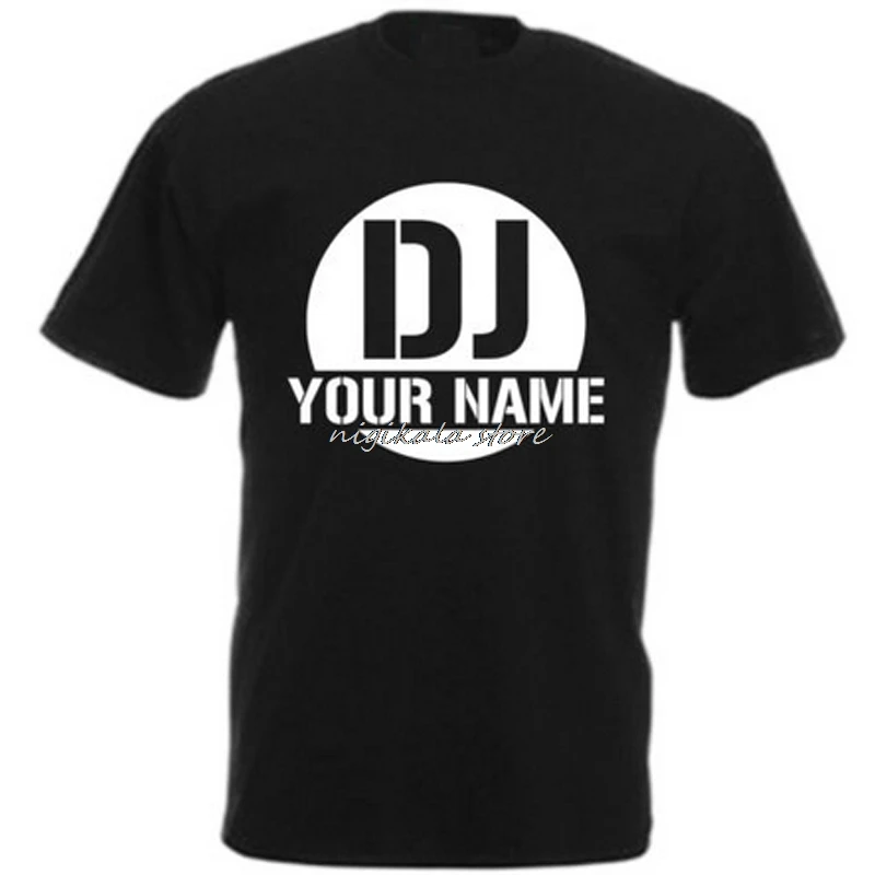 На заказ Футболка DJ ваше имя логотип напечатаны Мужские Женские повседневные топы футболки Diy названия короткий рукав смешная рубашка размера плюс