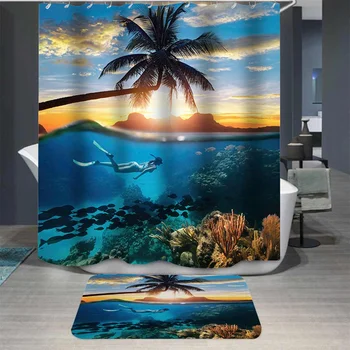 

4/3/1Pcs 3d Sunset Sea View Pattern Shower Curtains Bathroom Curtain Thicken Waterproof Thickened Anti-skid Bath Rugs 180x180cm