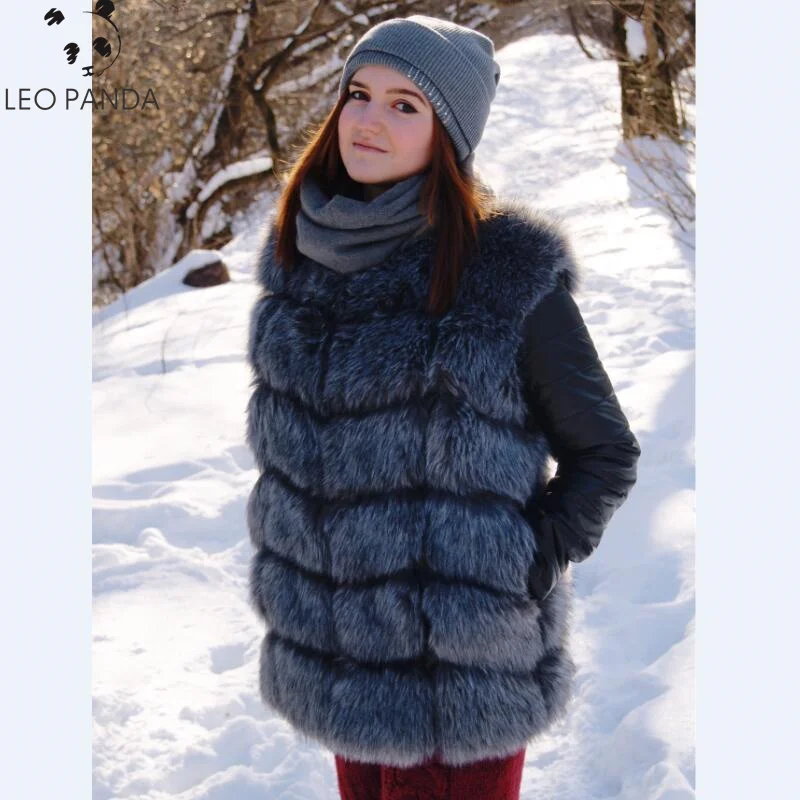 

New High Quality High Imitation Silver Fox Fur Coat PU Sleeves Warm Winter Coat Fox Coat Big Yards Overcoat 4XL