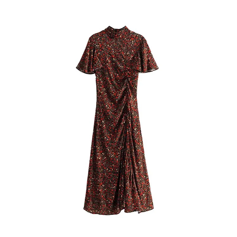 

Vintage Elegant Floral Print Pleated Maxi Dress Vestidos Women 2019 Fashion Short Butterfly Sleeve Back Zipper Ladies Dresses