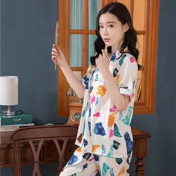 

Fiklyc Pajamas Women's Spring And Summer Silk Thin Section Loose Large Size Printed Short-Sleeved Trousers